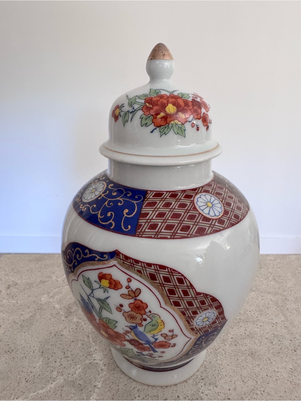 Floral and Bird Porcelain Ginger Jar - White with Red, Blue, Gold Accents